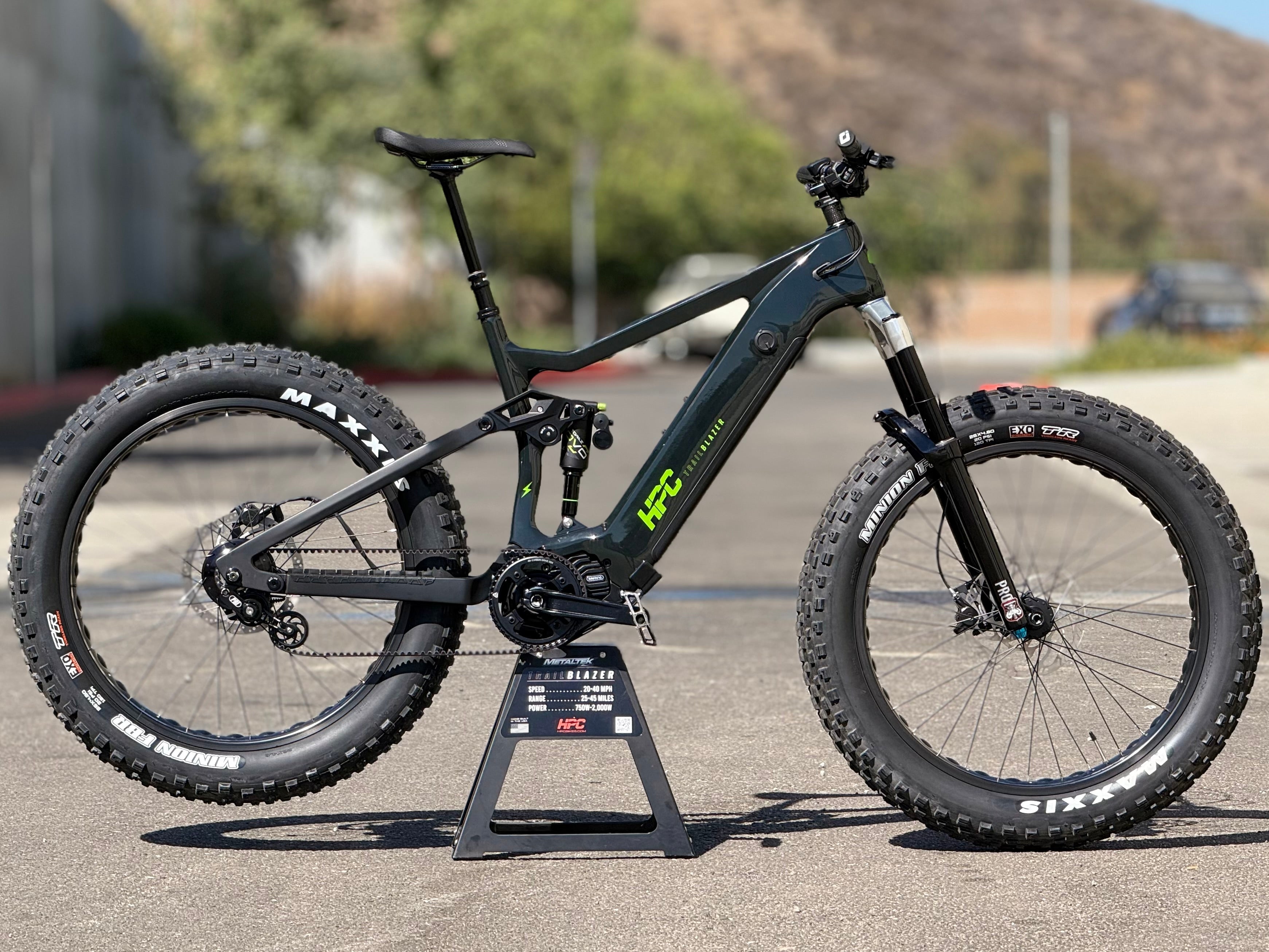 HPC Trailblazer AT custom build in green and black two-tone with Maxxis Minion 4.8-inch fat tires, side profile
